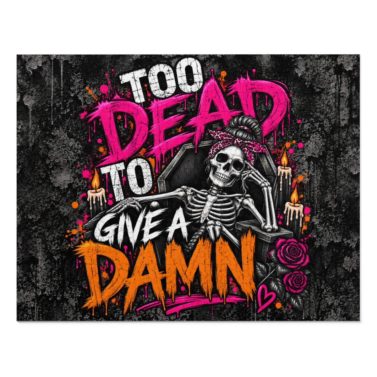 Too Dead To Give A Damn Halloween Jigsaw Puzzle | Sarcastic Gothic Skeleton Puzzle by Subbin4Sanity