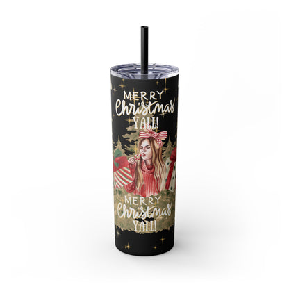 Christmas Skinny Tumbler with Straw, 20oz, "Merry Christmas Yall/I'm a gift"