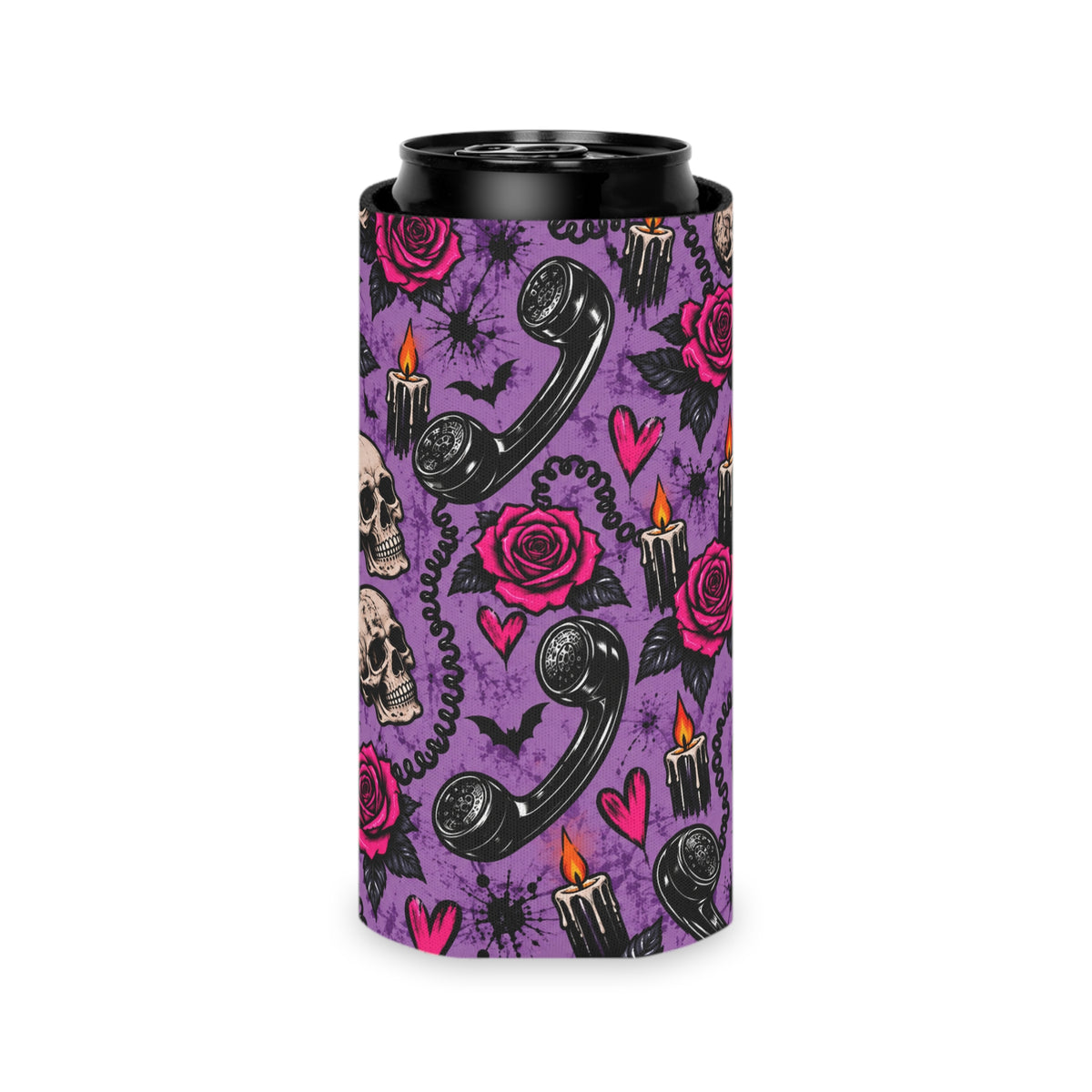 Karma’s Calling Pattern Foam Grip Koozie | Gothic Telephone & Rose Can Cooler by Subbin4Sanity