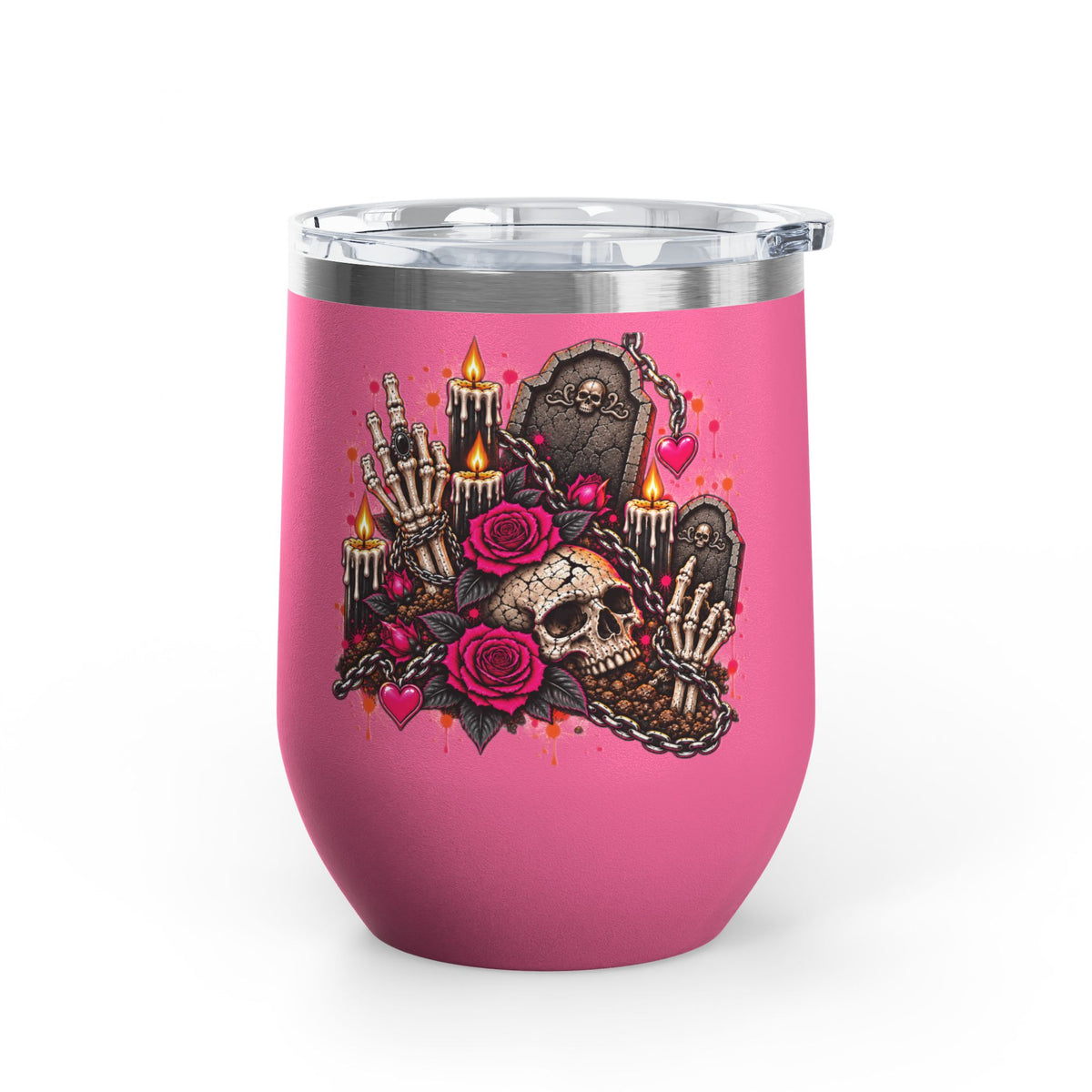 Dirt & Defiance 12oz Wine Tumbler | Gothic Skull & Coffin Stainless Steel Cup by Subbin4Sanity
