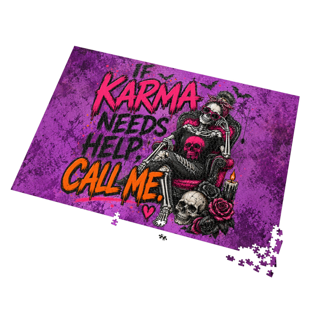 If Karma Needs Help, Call Me Halloween Jigsaw Puzzle | Sarcastic Gothic Skull Puzzle by Subbin4Sanity