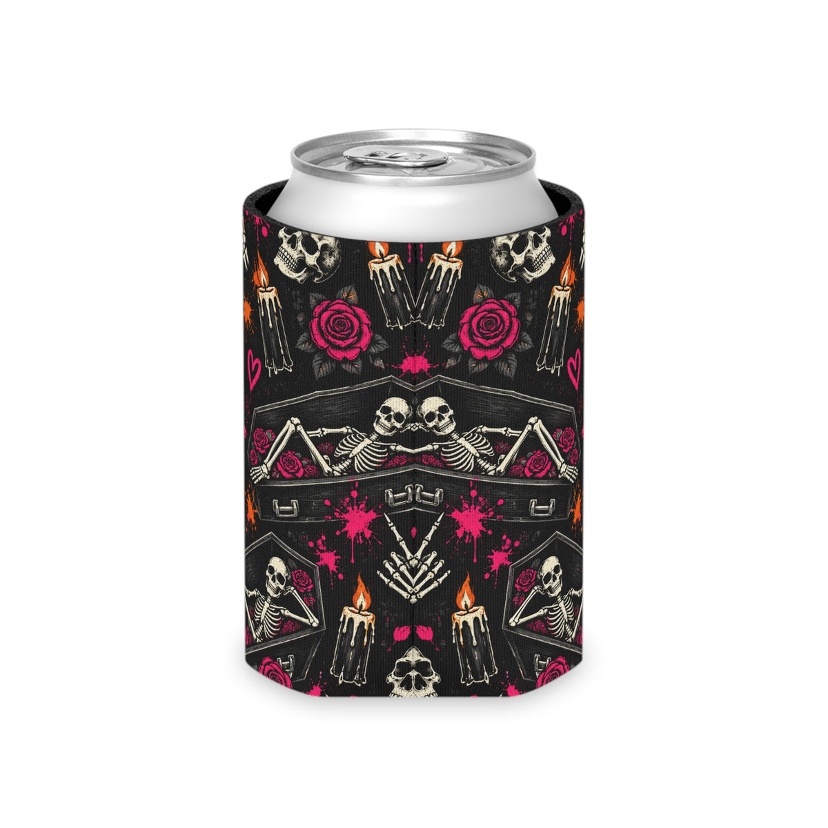 Dead & Unbothered Pattern Foam Grip Koozie | Gothic Skeleton Can Cooler by Subbin4Sanity
