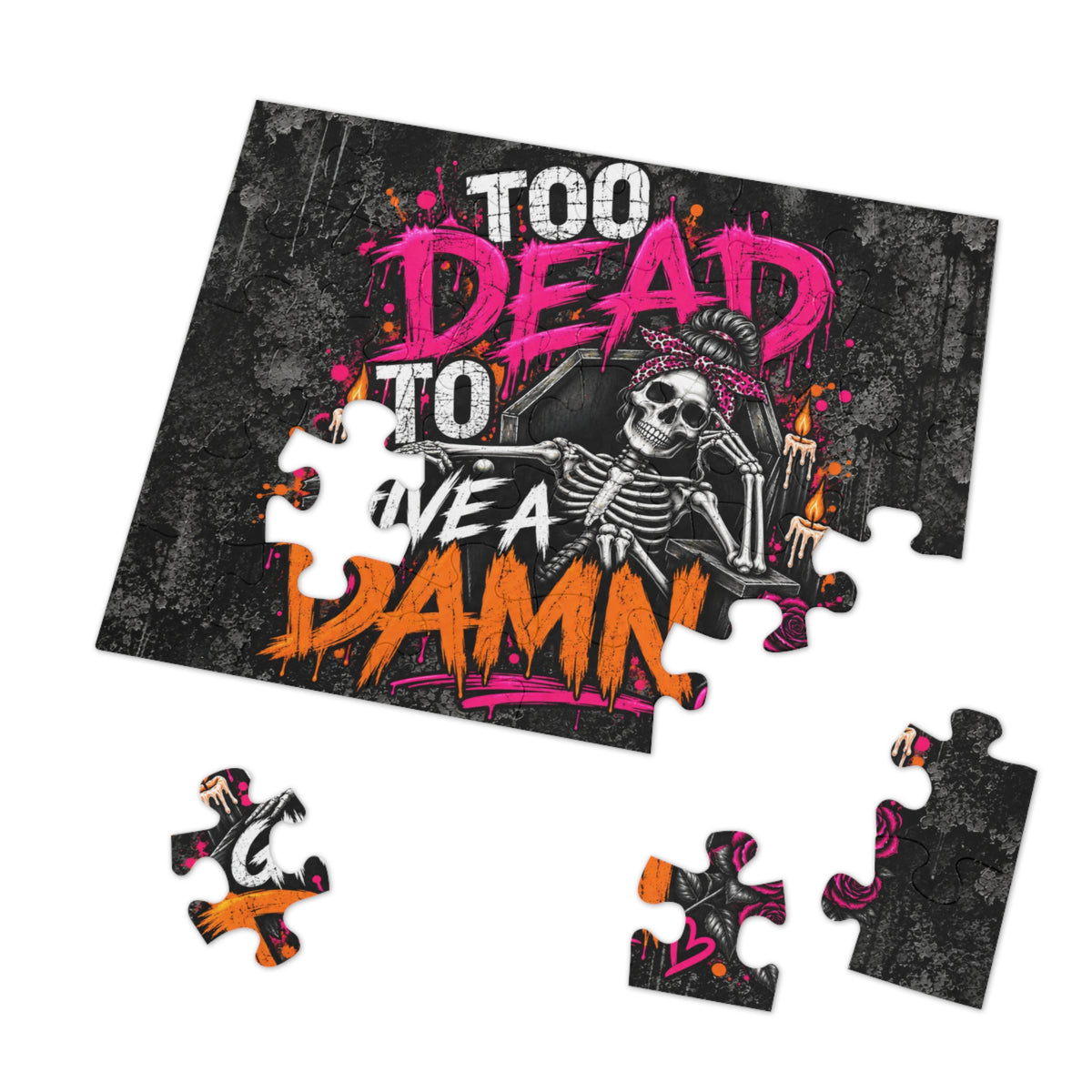 Too Dead To Give A Damn Halloween Jigsaw Puzzle | Sarcastic Gothic Skeleton Puzzle by Subbin4Sanity