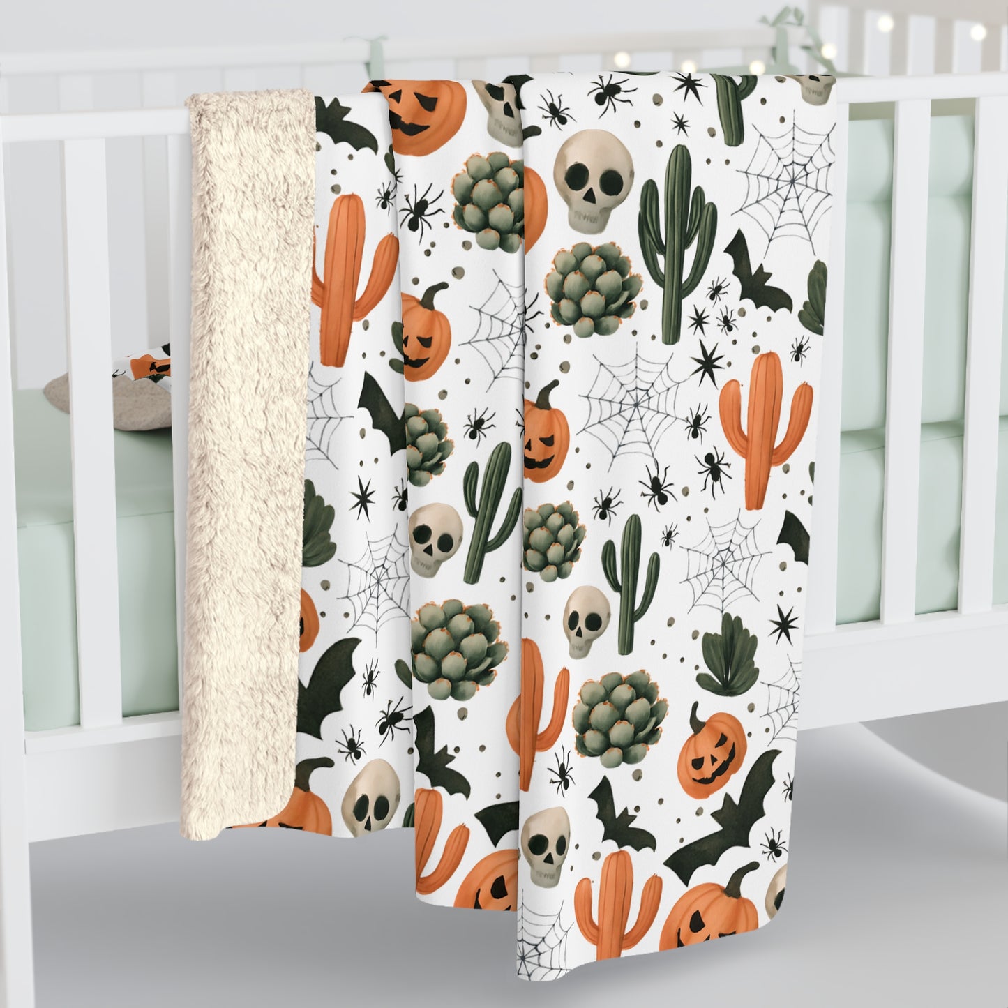 Fall Throw Blanket, Halloween Decor, Sherpa Fleece Blanket, Boho Autumn Home Decor, Spooky Cozy Bedding, Pumpkin Spider Bat Cactus Design