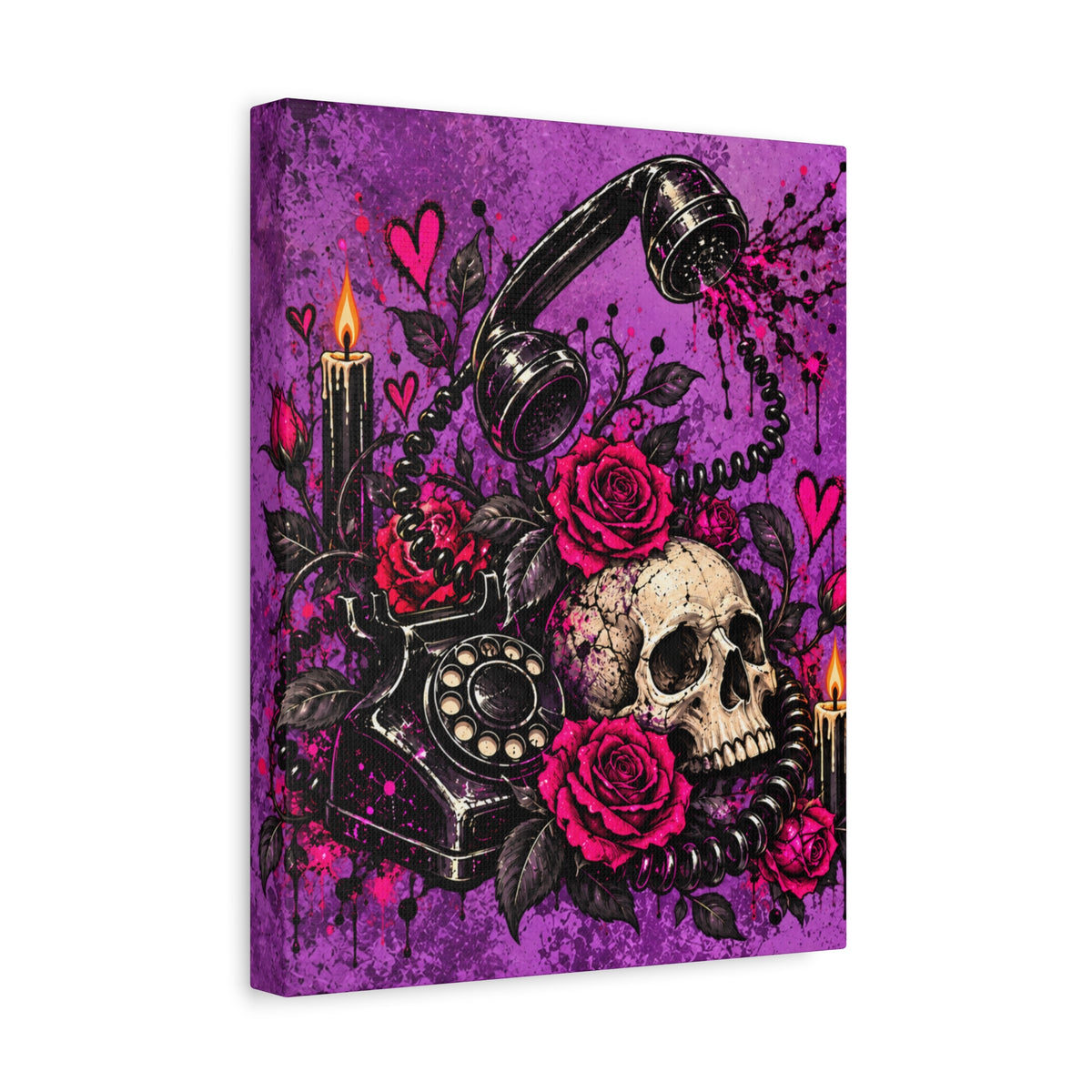 Karma’s Calling Halloween Canvas | Gothic Skull, Roses & Vintage Phone Wall Art by Subbin4Sanity