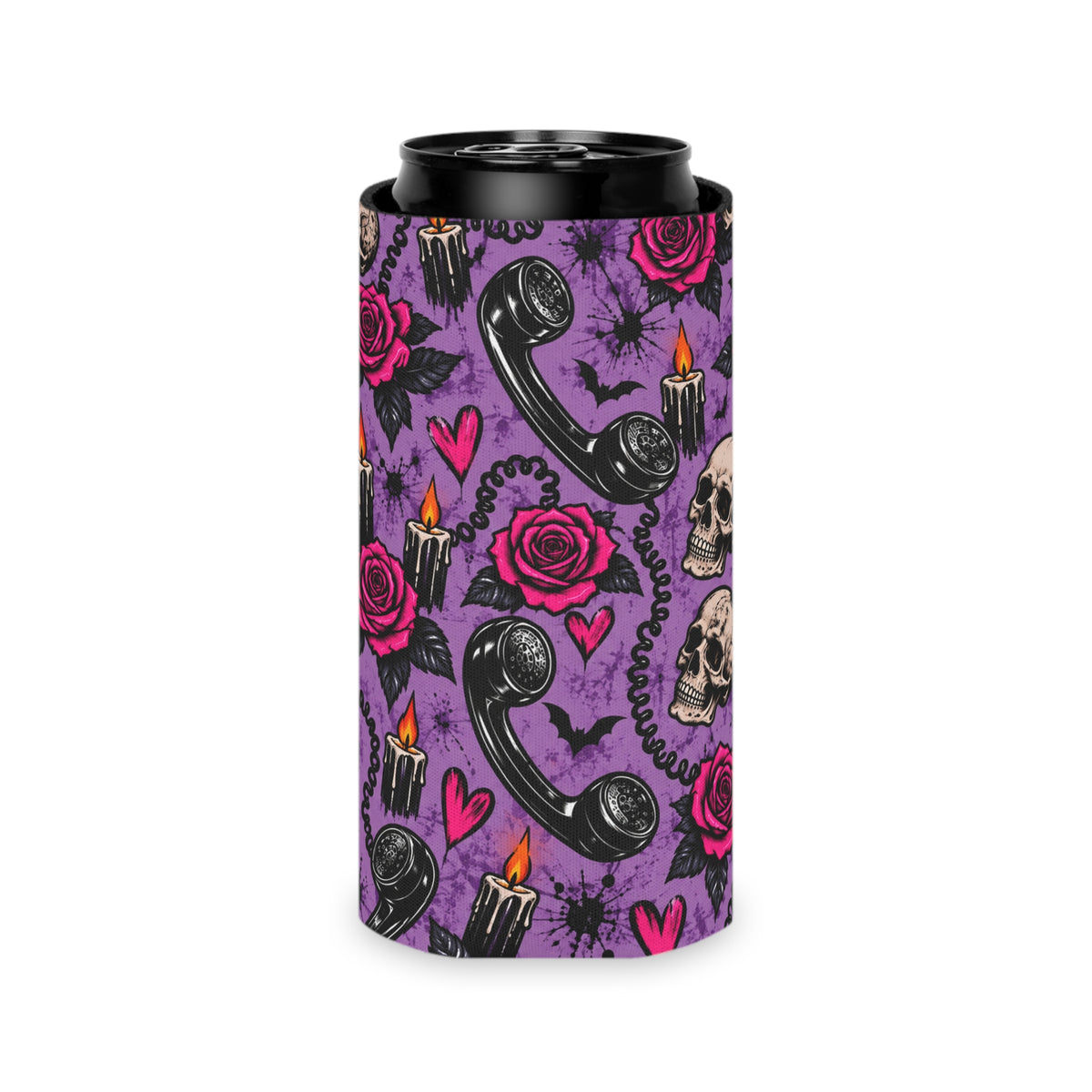 Karma’s Calling Pattern Foam Grip Koozie | Gothic Telephone & Rose Can Cooler by Subbin4Sanity