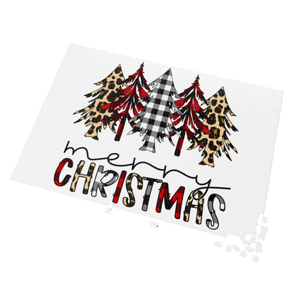 Merry Christmas Jigsaw Puzzle with Tin — Buffalo Plaid & Leopard Trees Merry Christmas Holiday Design