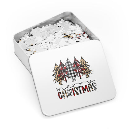 Merry Christmas Jigsaw Puzzle with Tin — Buffalo Plaid & Leopard Trees Merry Christmas Holiday Design