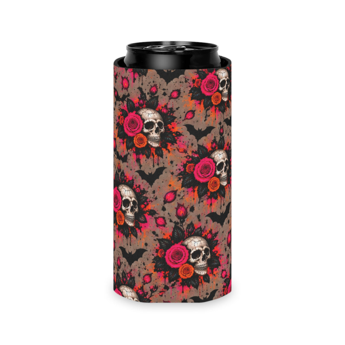Deadly Blooms Pattern Foam Grip Koozie | Gothic Floral Skull Can Cooler by Subbin4Sanity