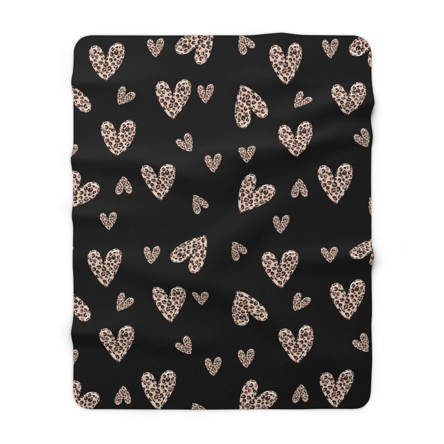 Black Valentine’s sherpa fleece blanket with leopard heart pattern