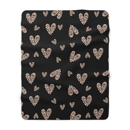 Black Valentine’s sherpa fleece blanket with leopard heart pattern