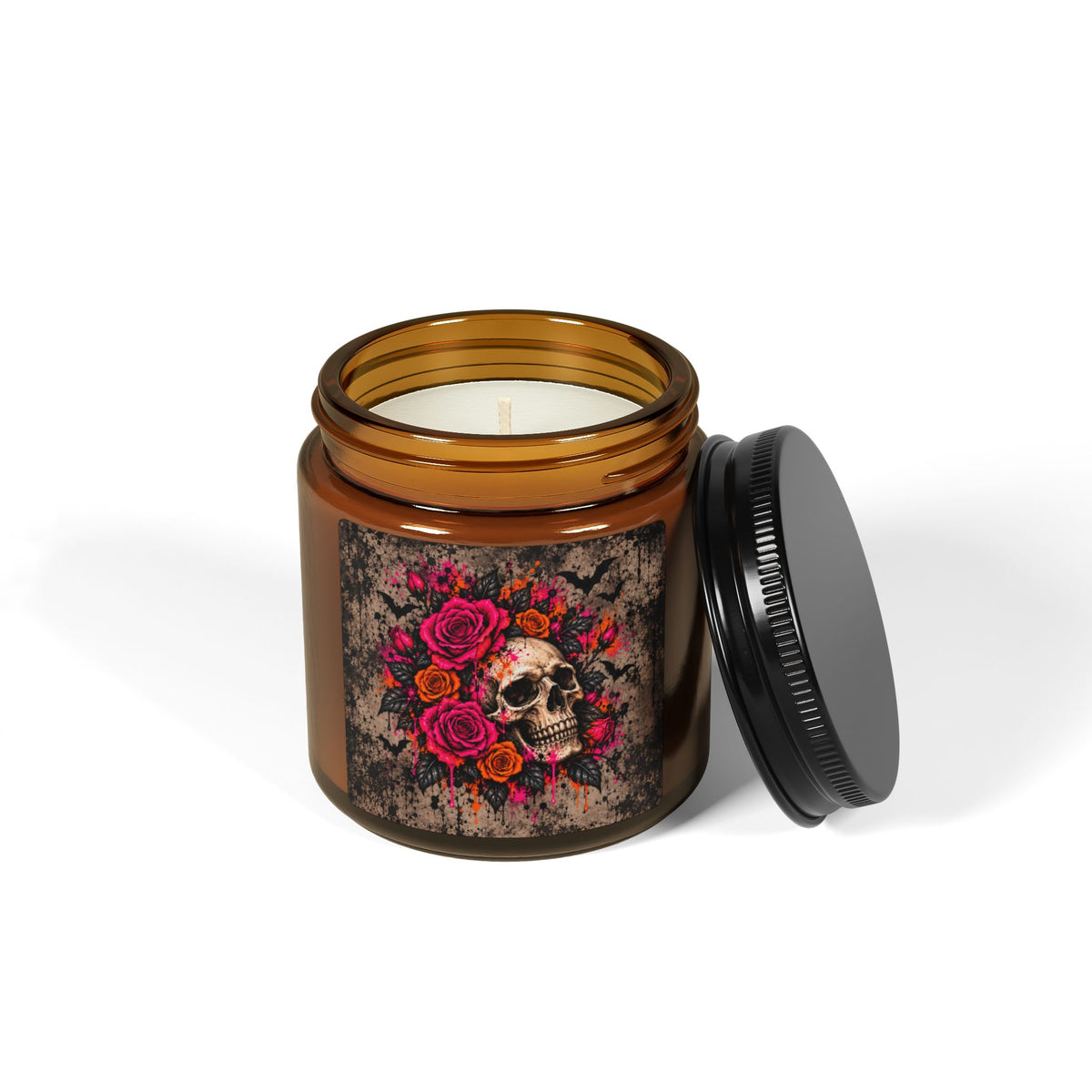 Deadly Blooms Scented Amber Jar Soy Candle | Gothic Floral Skull Home Decor Candle by Subbin4Sanity