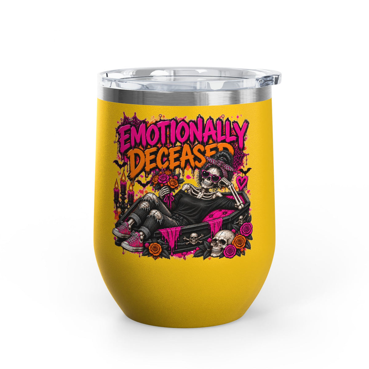 Emotionally Deceased 12oz Wine Tumbler | Dark Humor Gothic Stainless Steel Cup by Subbin4Sanity