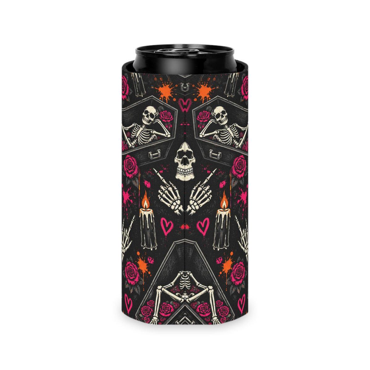 Dead & Unbothered Pattern Foam Grip Koozie | Gothic Skeleton Can Cooler by Subbin4Sanity