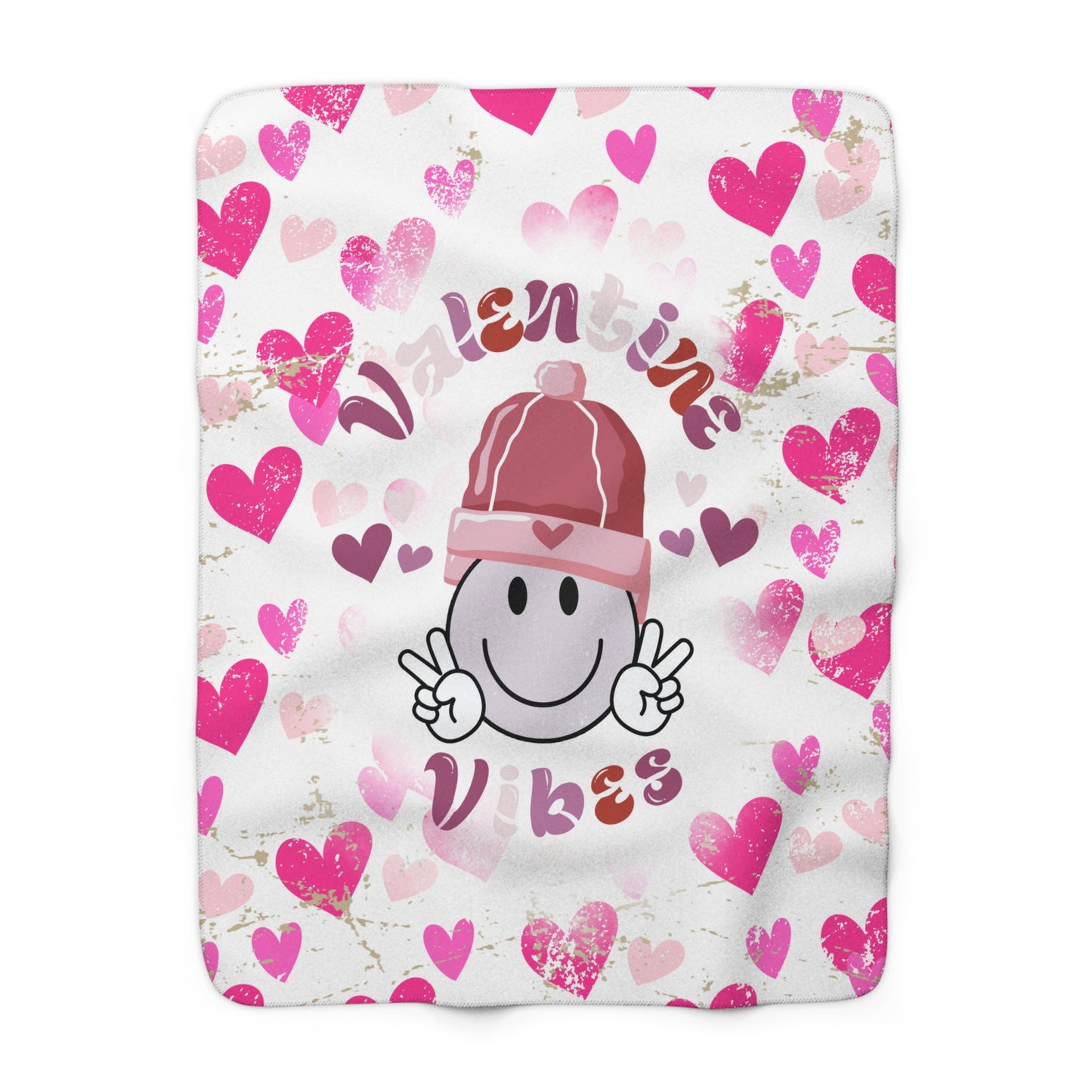 White Valentine’s sherpa fleece blanket with Valentine’s Vibes smiley face