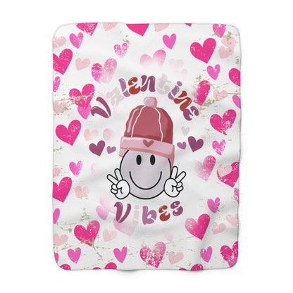 White Valentine’s sherpa fleece blanket with Valentine’s Vibes smiley face