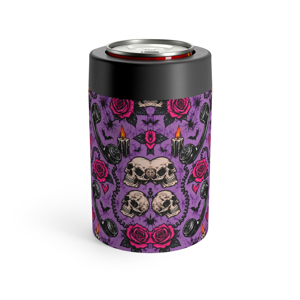 Karma’s Calling Pattern 12oz Insulated Stainless Steel Koozie | Gothic Telephone & Rose Can Holder by Subbin4Sanity