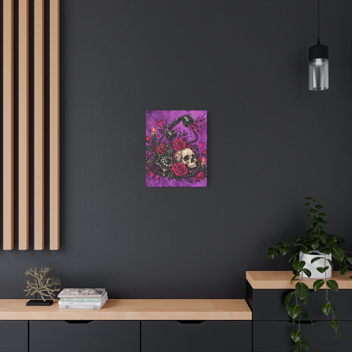 Karma’s Calling Halloween Canvas | Gothic Skull, Roses & Vintage Phone Wall Art by Subbin4Sanity
