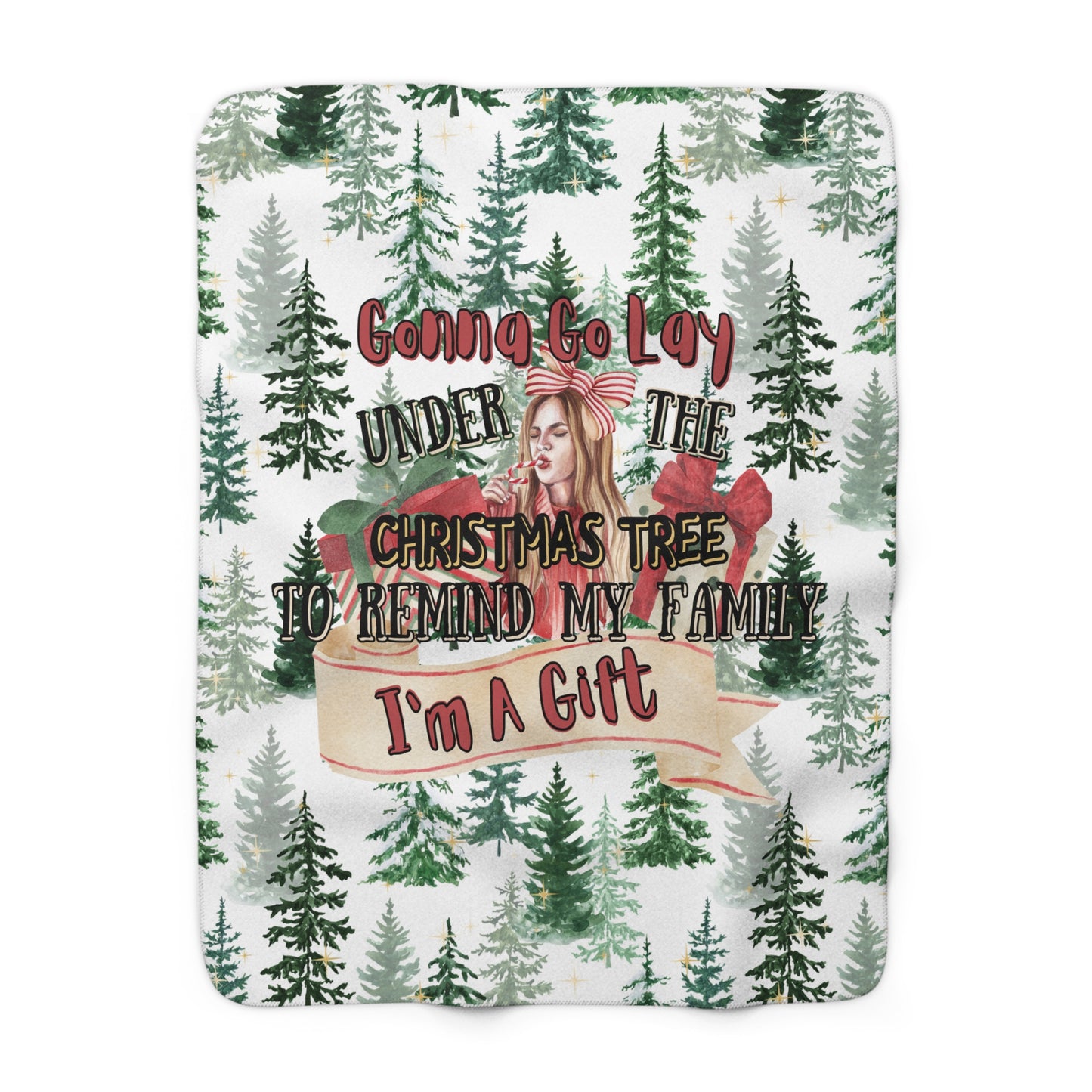 White Christmas sherpa fleece blanket with funny holiday quote and tree pattern