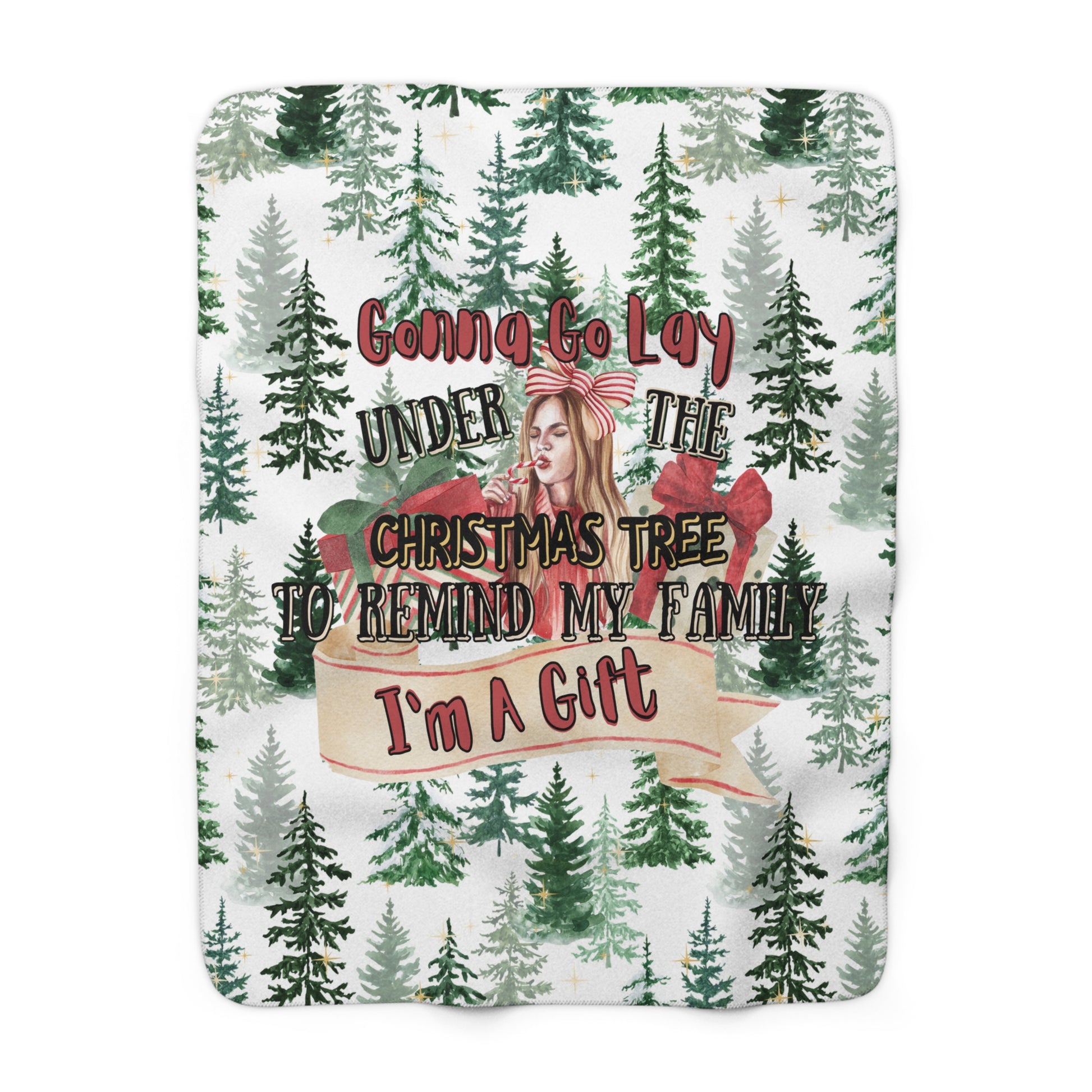 White Christmas sherpa fleece blanket with funny holiday quote and tree pattern