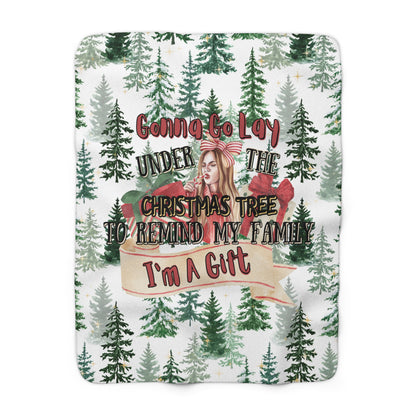 White Christmas sherpa fleece blanket with funny holiday quote and tree pattern
