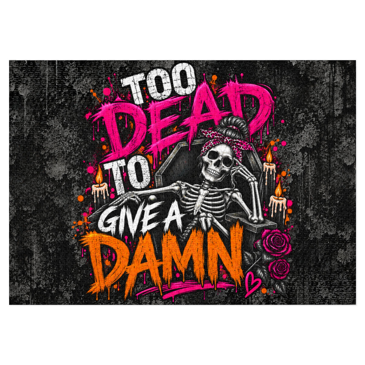 Too Dead To Give A Damn Halloween Jigsaw Puzzle | Sarcastic Gothic Skeleton Puzzle by Subbin4Sanity