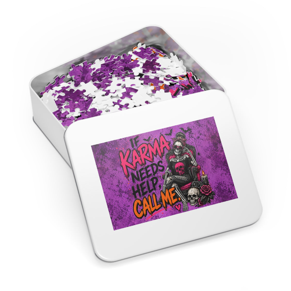 If Karma Needs Help, Call Me Halloween Jigsaw Puzzle | Sarcastic Gothic Skull Puzzle by Subbin4Sanity