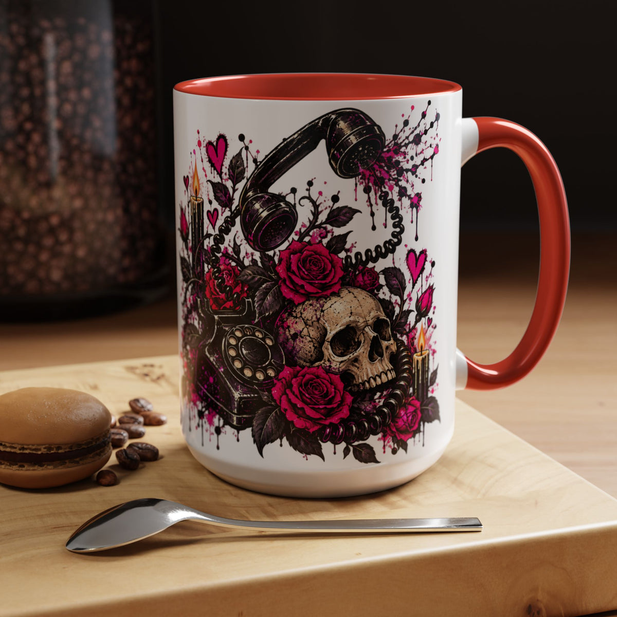 Karma’s Calling Coffee Mug | Gothic Skull & Telephone Ceramic Mug by Subbin4Sanity