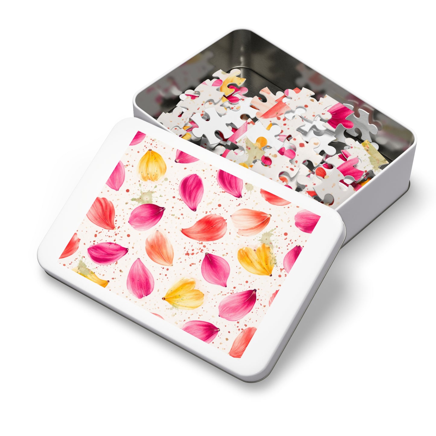 Watercolor Spring Petals Pattern – Splatter Bloom Collection – Puzzle & Tin Storage Box