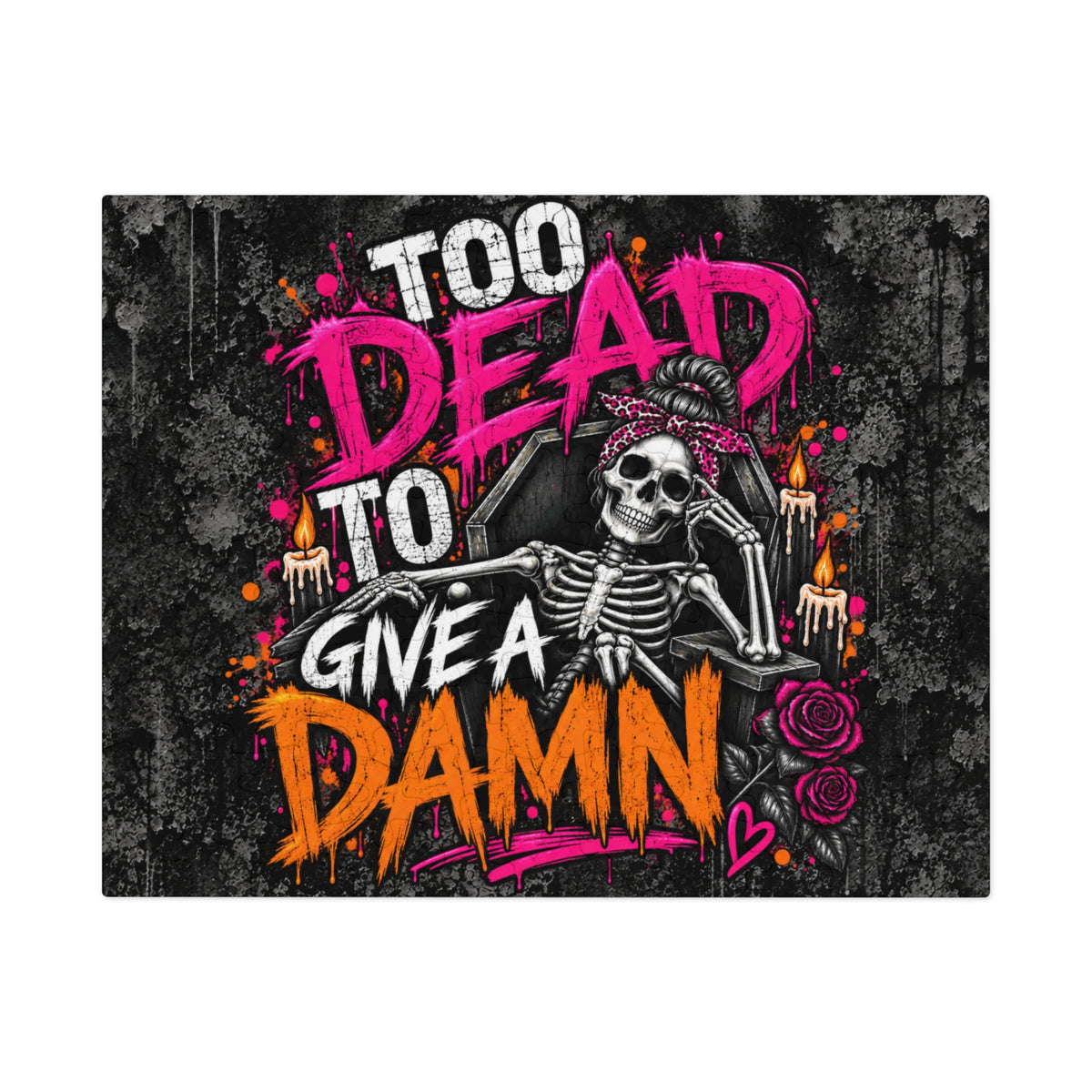 Too Dead To Give A Damn Halloween Jigsaw Puzzle | Sarcastic Gothic Skeleton Puzzle by Subbin4Sanity