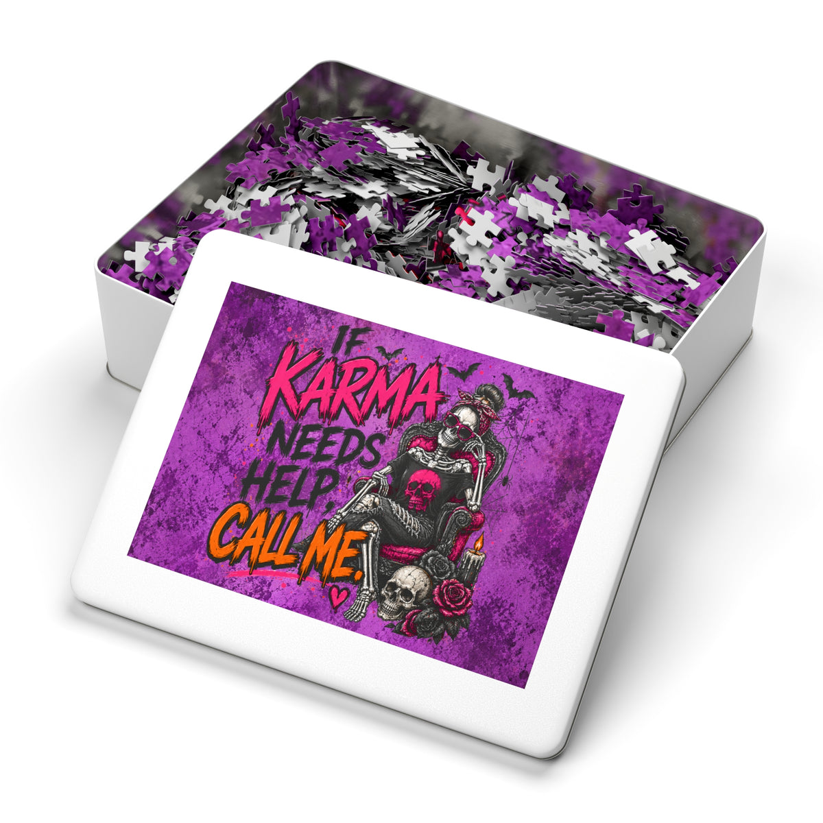 If Karma Needs Help, Call Me Halloween Jigsaw Puzzle | Sarcastic Gothic Skull Puzzle by Subbin4Sanity