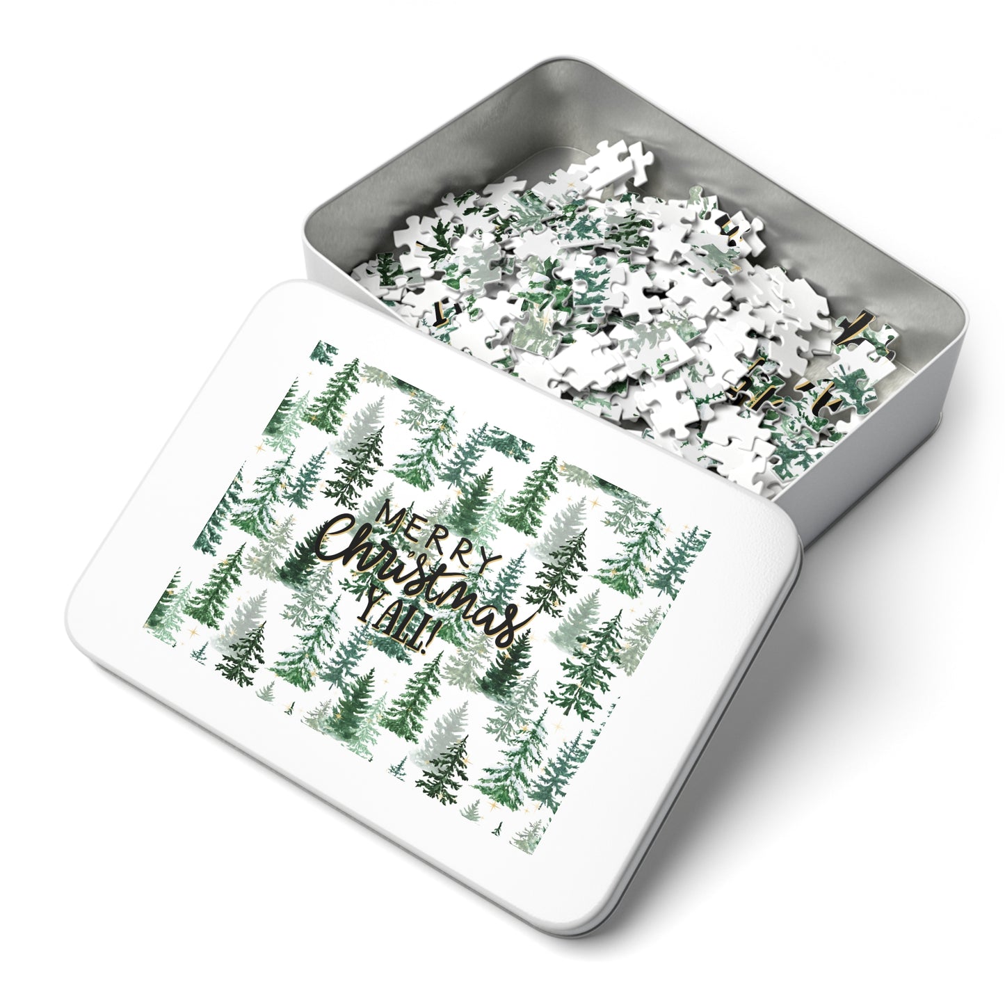 "Merry Christmas Yall!" Puzzle with Tin Box with Christmas Tree Background