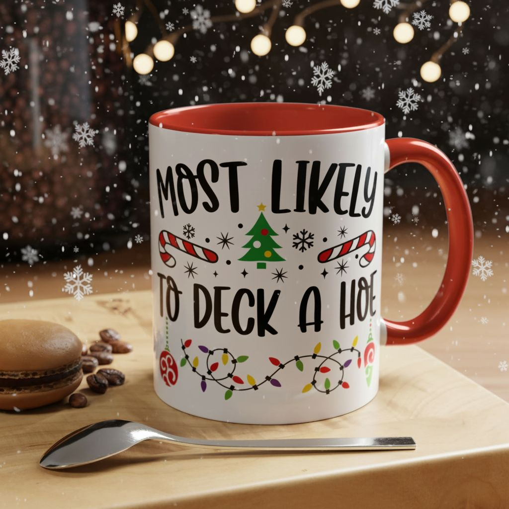 Christmas Coffee Mug, 11oz, "Most likely to deck a Hoe"