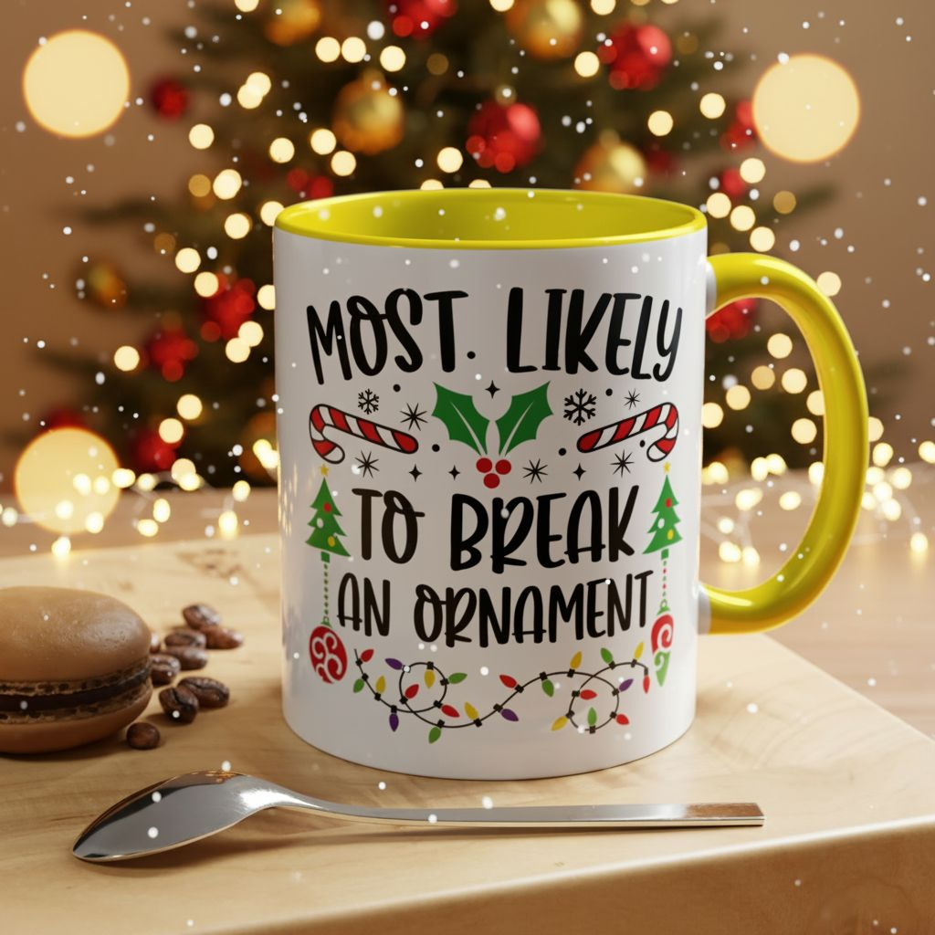 Christmas Coffee Mug, 11oz, "Most likely to break an ornament"
