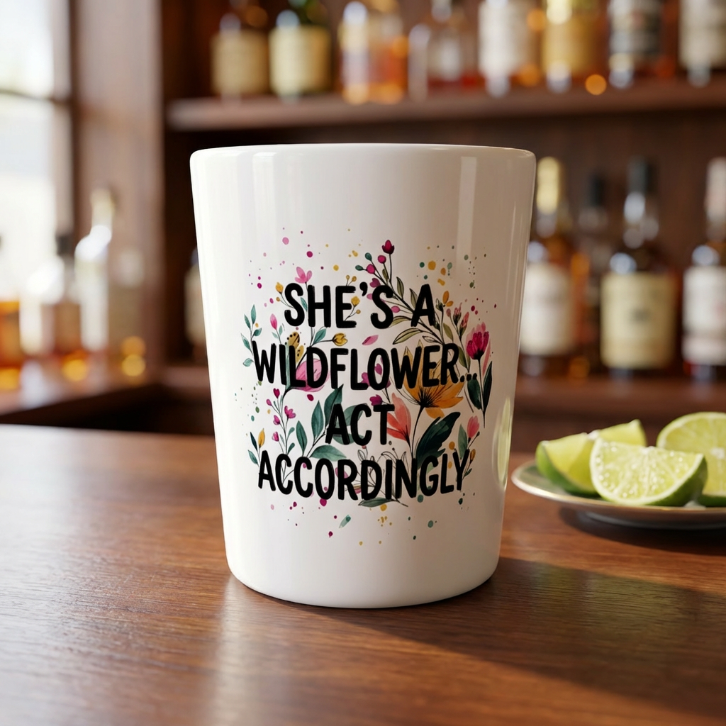 She’s A Wildflower Act Accordingly Shot Glass | Bold Floral Statement Drinkware by Subbin4Sanity