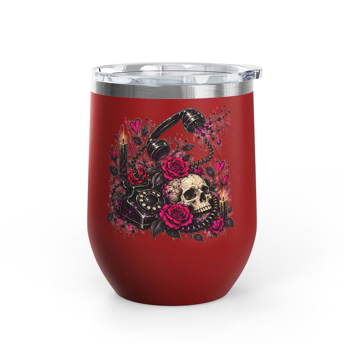 Karma’s Calling 12oz Wine Tumbler | Gothic Skull & Telephone Stainless Steel Cup by Subbin4Sanity