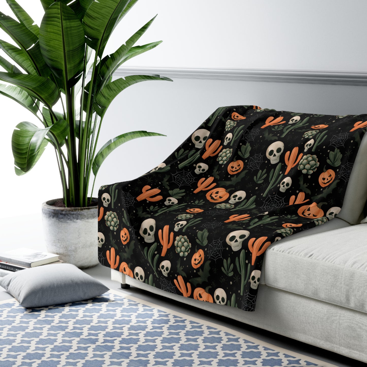 Black Boho Halloween Sherpa Fleece Blanket - Pumpkins, Spiders, Webs, Cactus, Cozy Fall Home Decor, Gothic Halloween Decor, Halloween