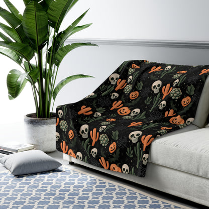 Black Boho Halloween Sherpa Fleece Blanket - Pumpkins, Spiders, Webs, Cactus, Cozy Fall Home Decor, Gothic Halloween Decor, Halloween