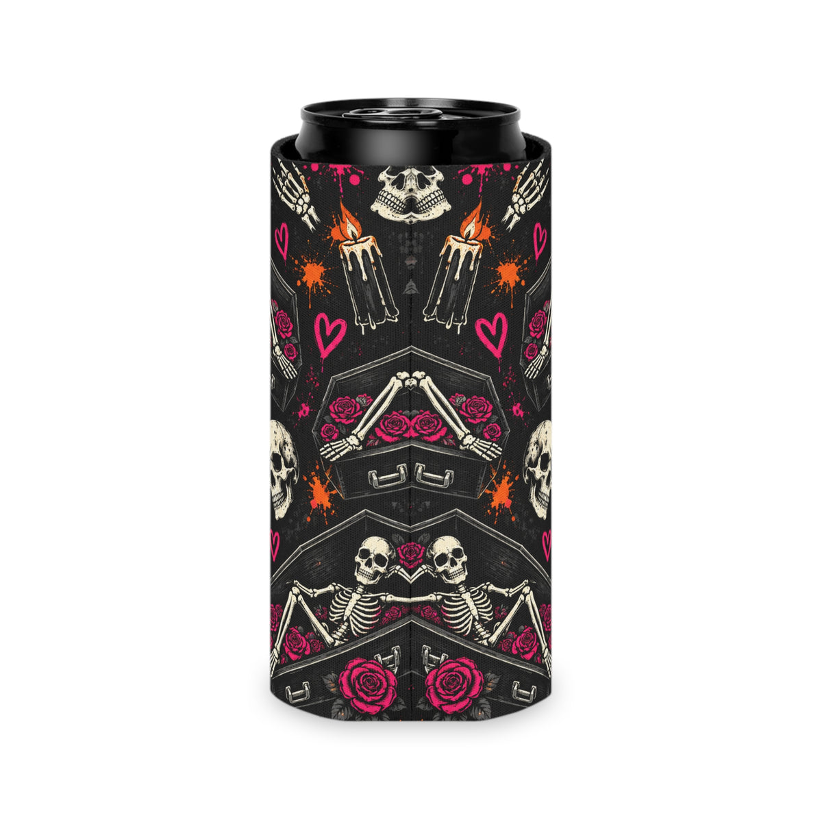 Dead & Unbothered Pattern Foam Grip Koozie | Gothic Skeleton Can Cooler by Subbin4Sanity