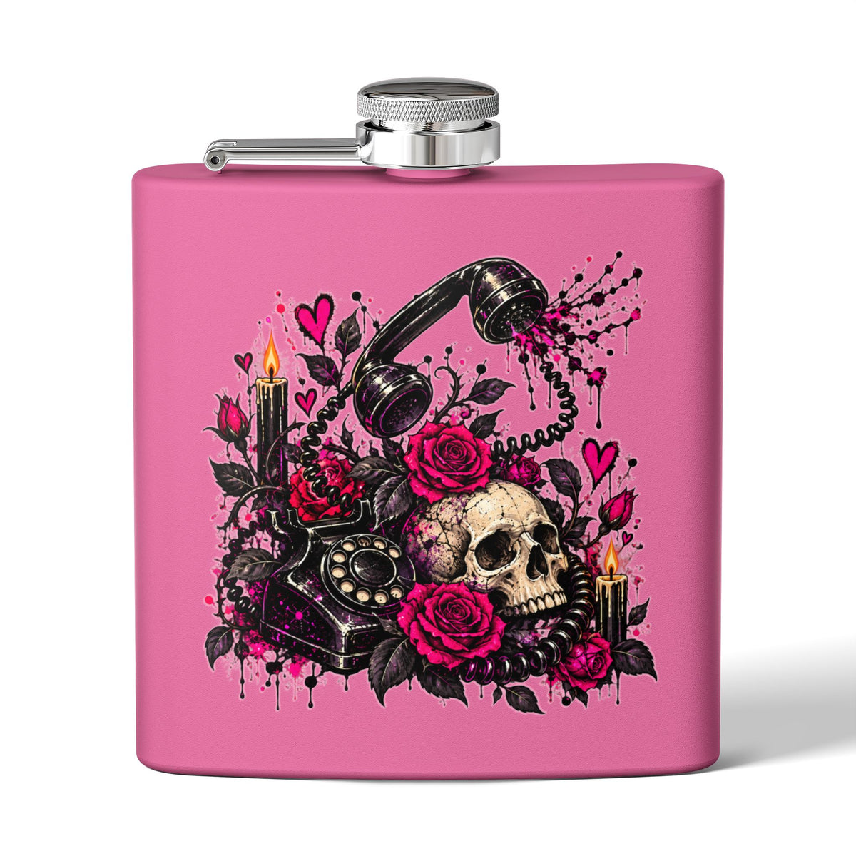 Karma’s Calling 6oz Stainless Steel Flask | Gothic Skull & Telephone Drinking Flask by Subbin4Sanity