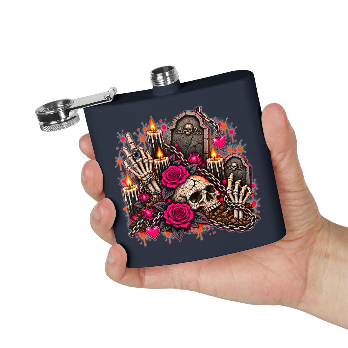Dirt & Defiance 6oz Stainless Steel Flask | Gothic Coffin & Skull Drinking Flask by Subbin4Sanity