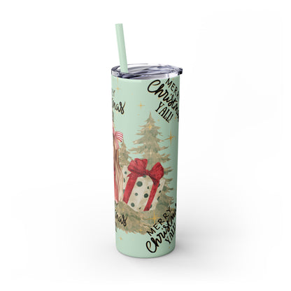 Christmas Skinny Tumbler with Straw, 20oz, "Merry Christmas Yall/I'm a gift"