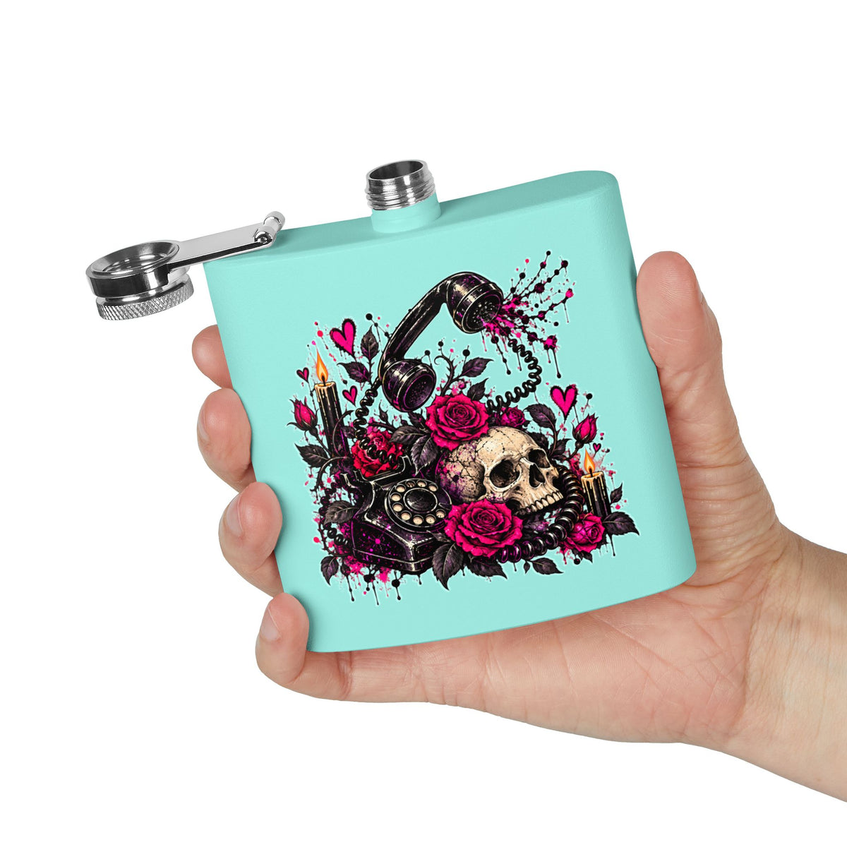 Karma’s Calling 6oz Stainless Steel Flask | Gothic Skull & Telephone Drinking Flask by Subbin4Sanity