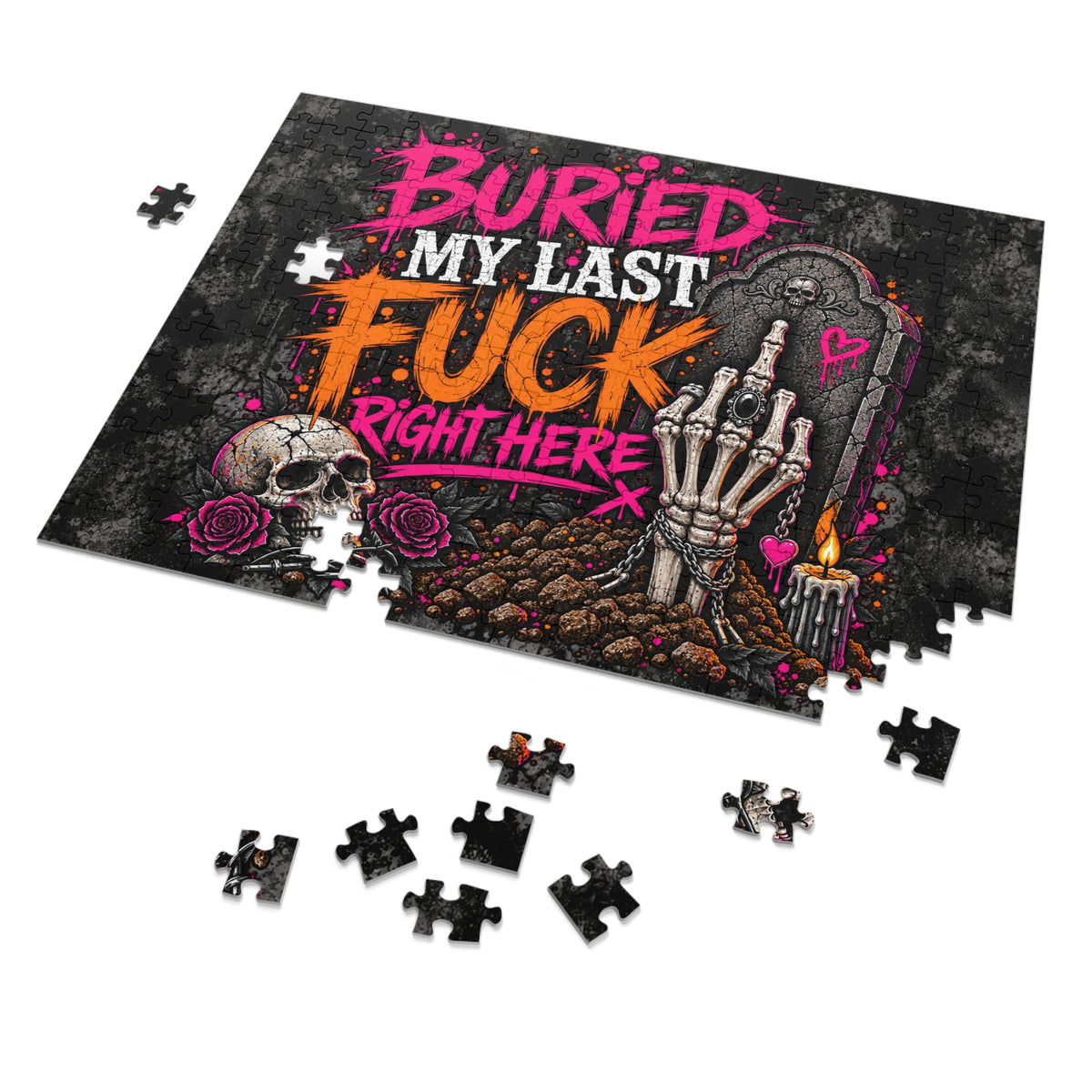 I Buried My Last Fuck Right Here Halloween Jigsaw Puzzle | Sarcastic Gothic Skull Puzzle by Subbin4Sanity