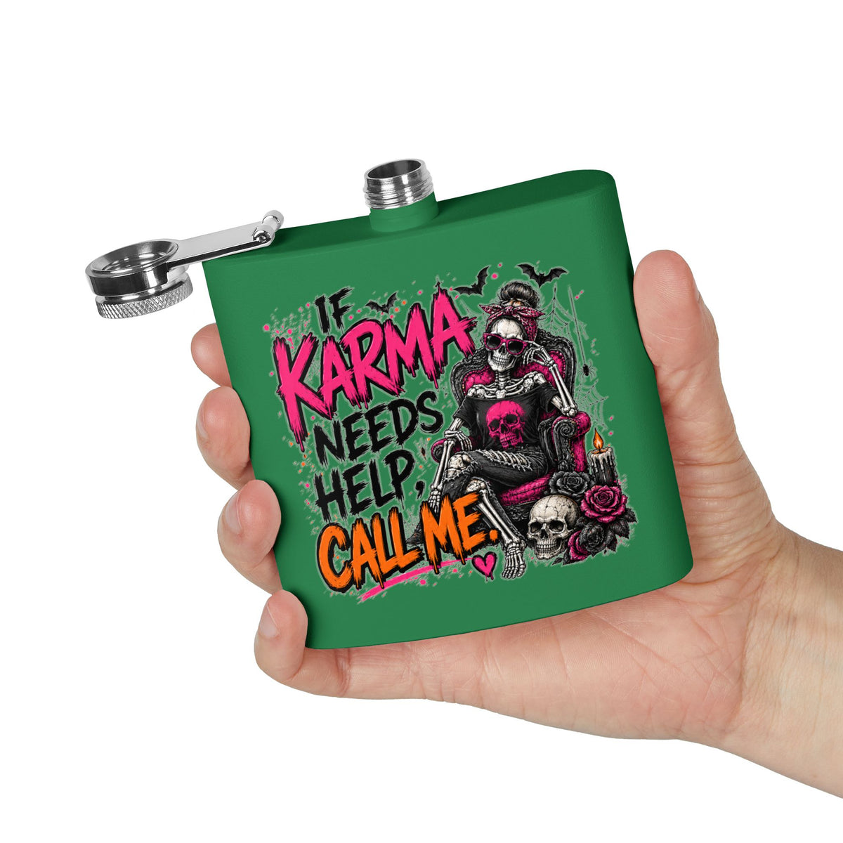 If Karma Needs Help, Call Me 6oz Stainless Steel Flask | Sarcastic Gothic Drinking Flask by Subbin4Sanity