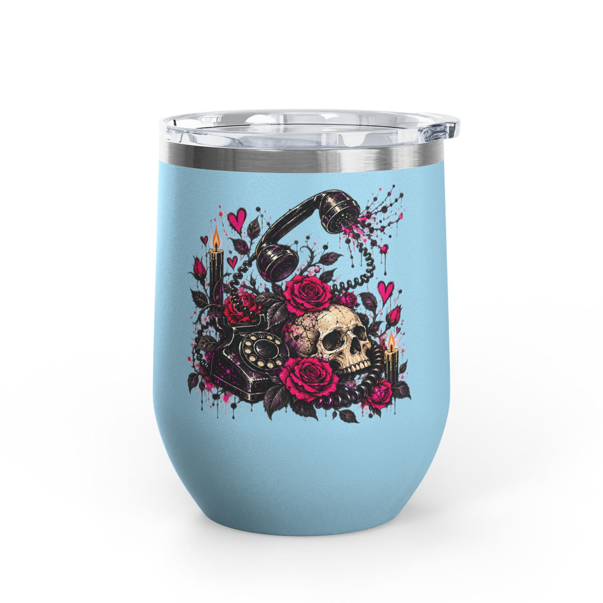 Karma’s Calling 12oz Wine Tumbler | Gothic Skull & Telephone Stainless Steel Cup by Subbin4Sanity