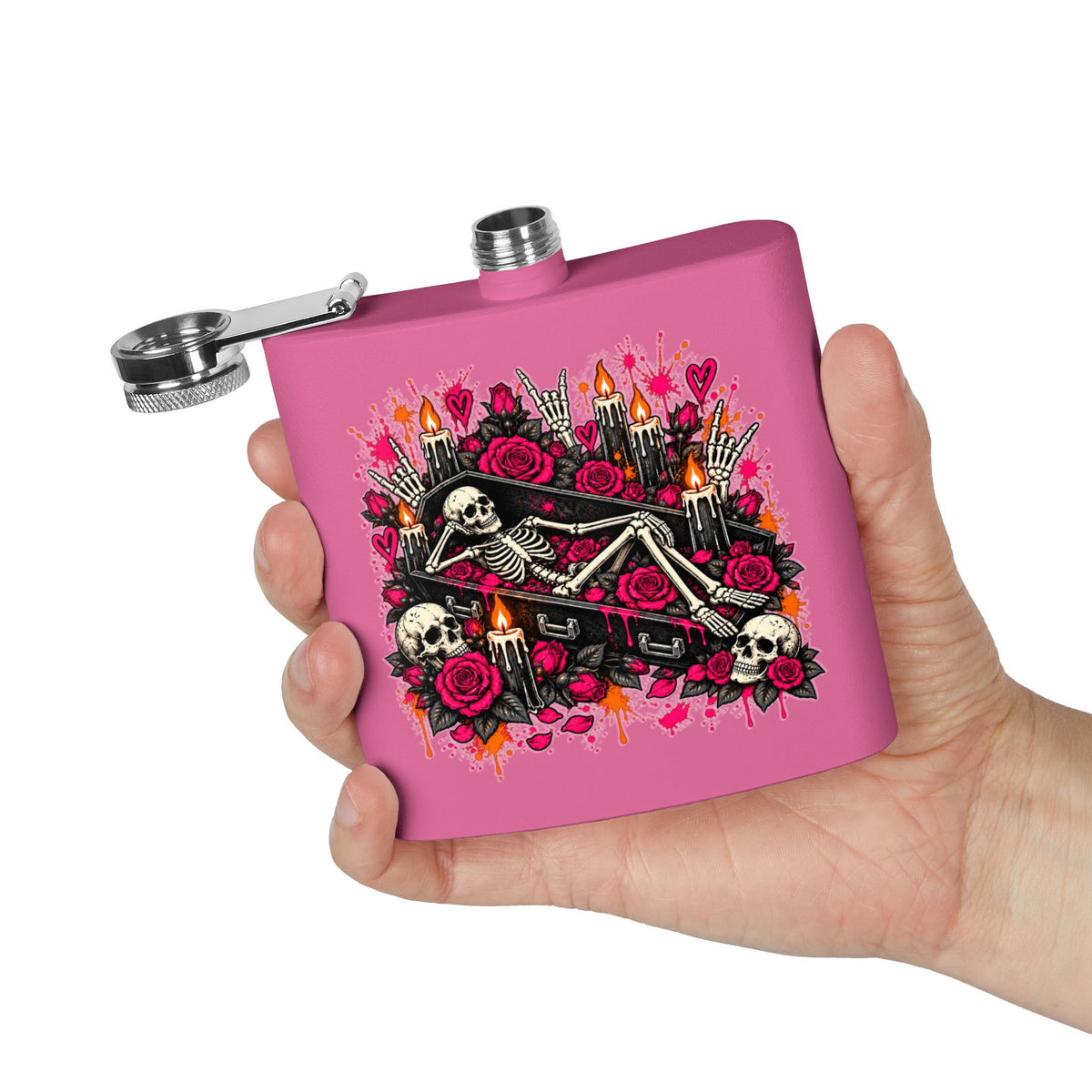 Dead & Unbothered 6oz Stainless Steel Flask | Gothic Skeleton Drinking Flask by Subbin4Sanity