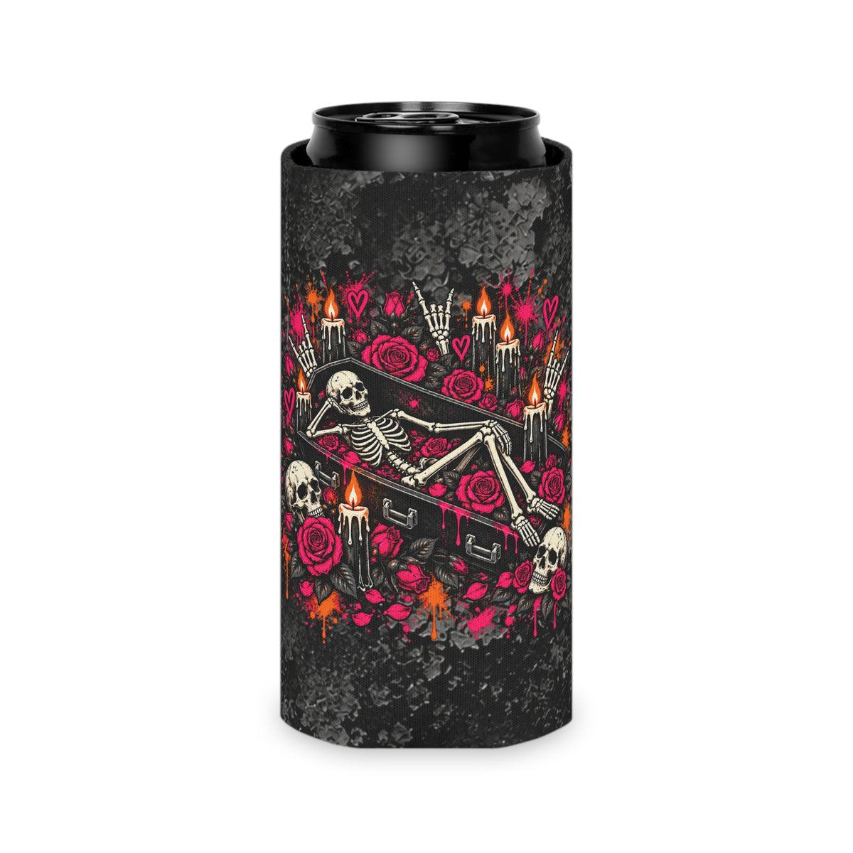 Dead & Unbothered Foam Grip Koozie | Gothic Skeleton Can Cooler by Subbin4Sanity