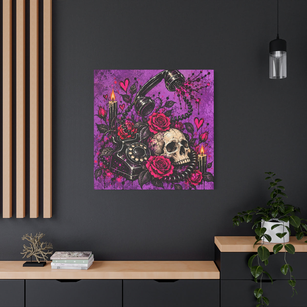 Karma’s Calling Halloween Canvas | Gothic Skull, Roses & Vintage Phone Wall Art by Subbin4Sanity