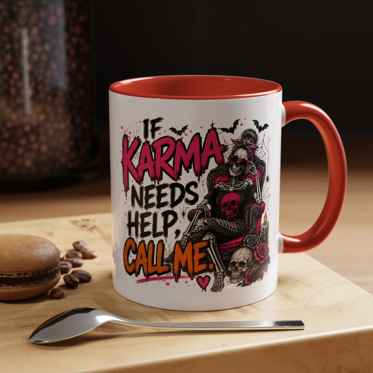 If Karma Needs Help Call Me Coffee Mug | Sarcastic Gothic Ceramic Mug by Subbin4Sanity